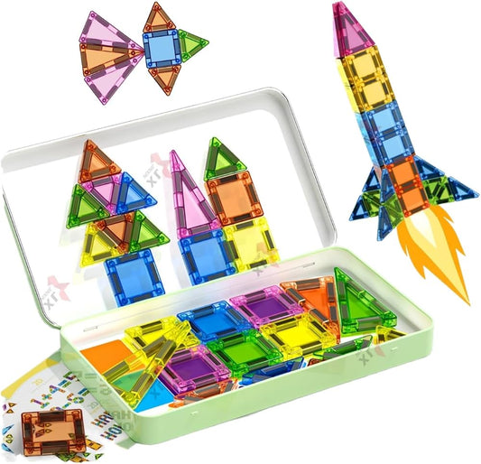 26 Pieces-Mini Magnetic Tiles Travel Set,for Kids Ages 3+, Colourful Building Blocks in Portable Tin Box