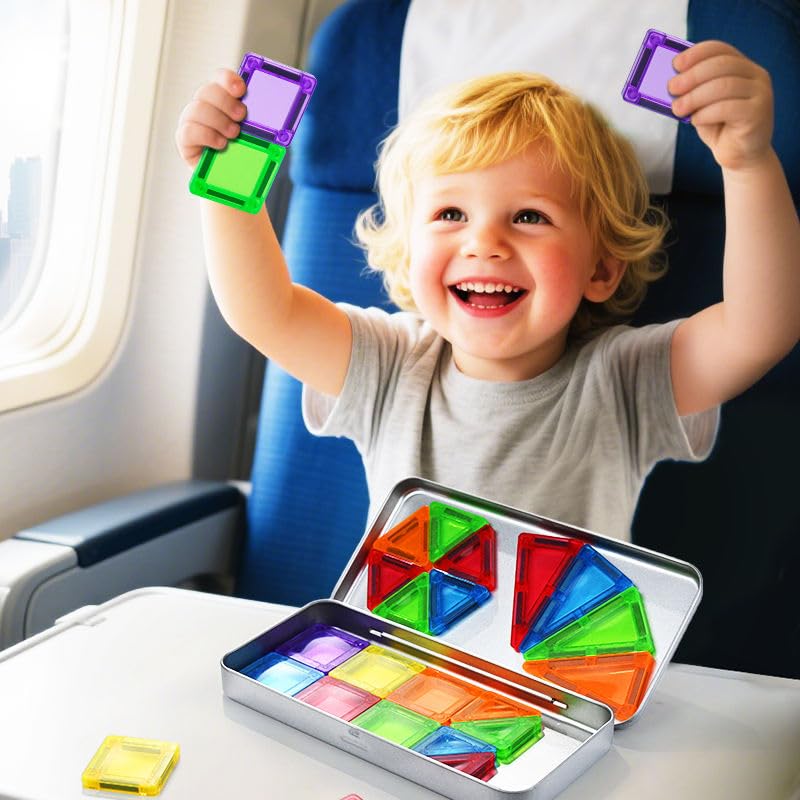 40 Pieces-Mini Magnetic Tiles Travel Set,for Kids Ages 3+, Colourful Building Blocks in Portable Tin Box