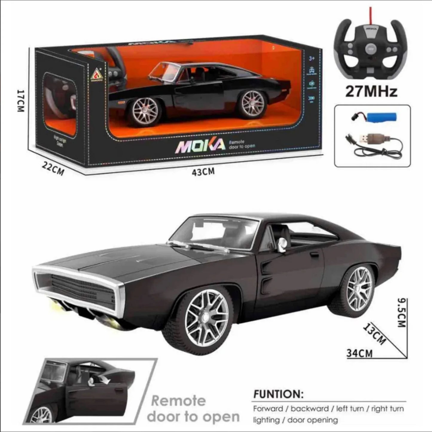 Moka Remote Control High Speed Toy Muscle Cars Fast & Furious Glossy Black Lights and Door Open Feature