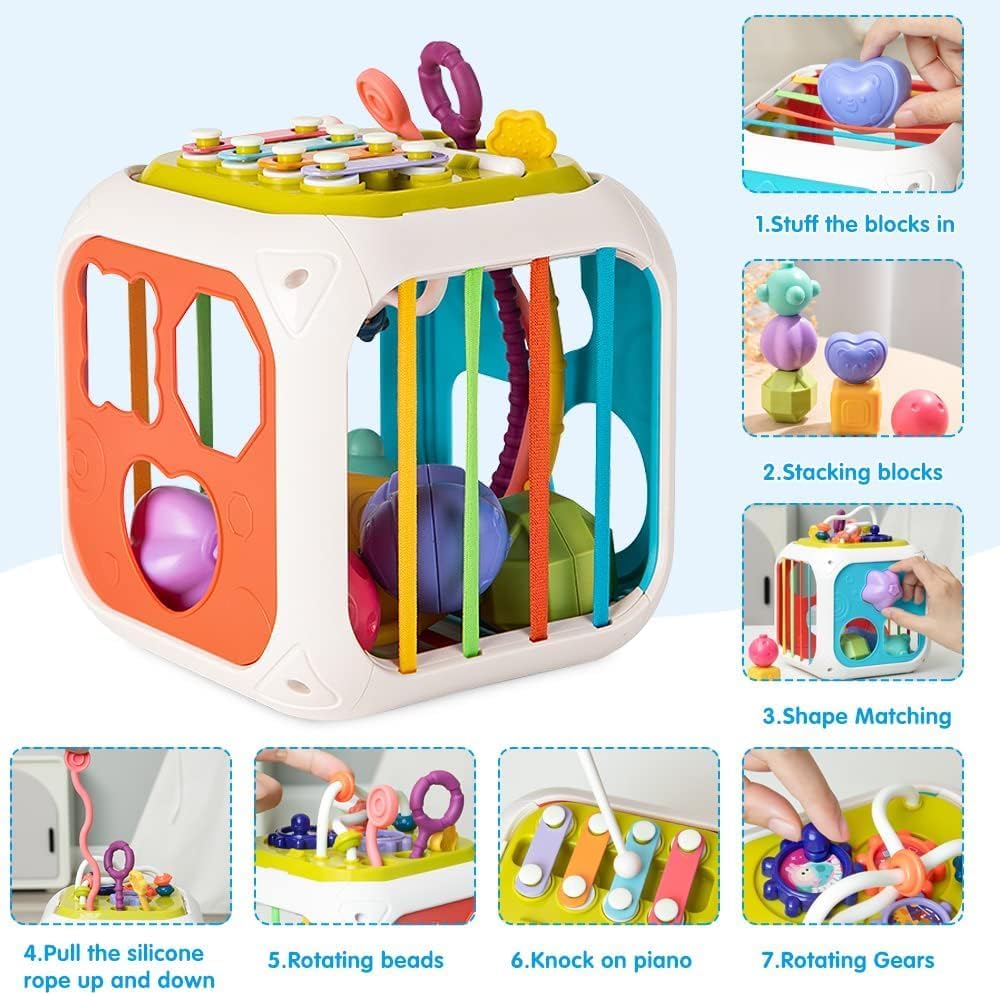 Montessori 7 in 1 Baby Sensory Toys for Kids Educational Learning Shape Sorter Activity Stacking Baby Toys Interactive Toy Fine Motor Skill