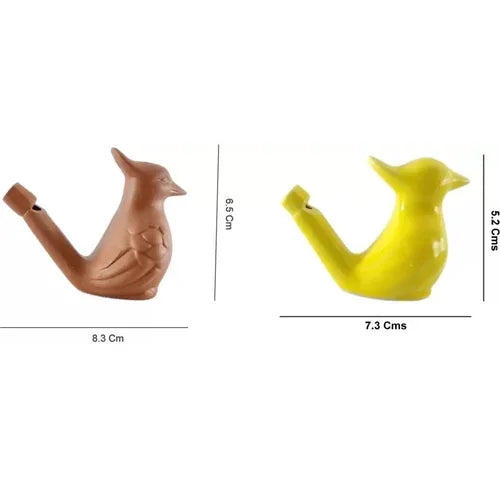 Two ceramic bird whistles, one brown and one yellow, with measurements on a white background.