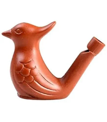 Terracotta bird-shaped watering can on a white background