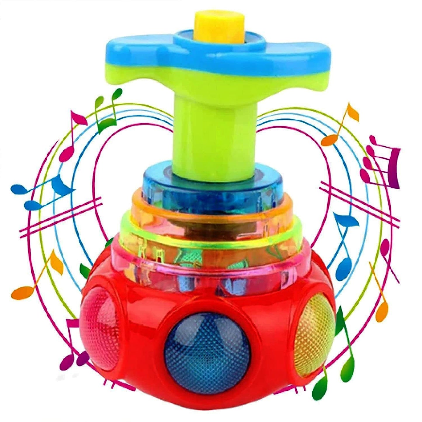 Gyro Magic Lattoo spinning top with music, flashing LED lights, and laser effect, a fun multicolor gift for boys and girls.