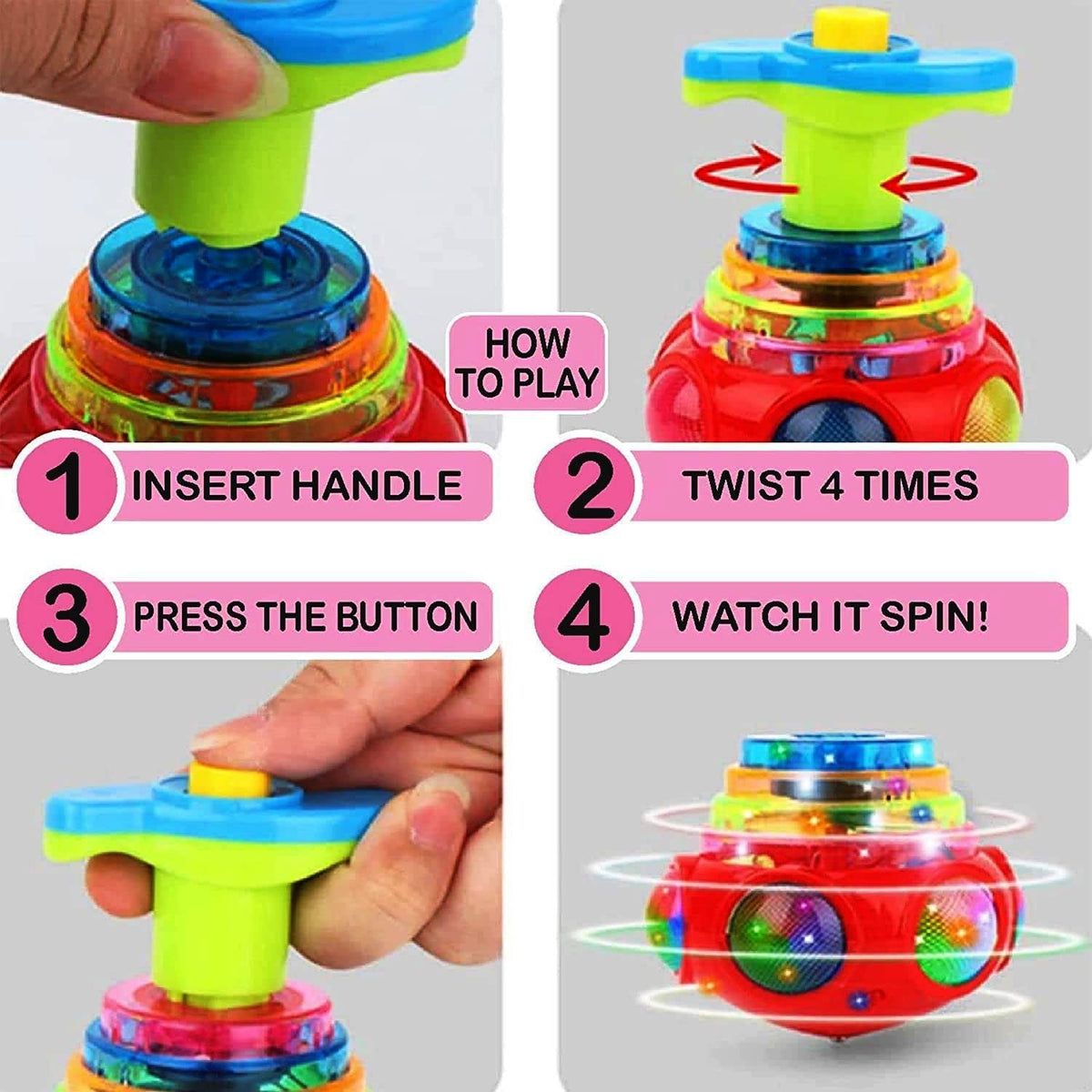 Close-up of a bright, spinning Lattoo toy displaying a mesmerizing pattern of colorful LED and laser lights on the floor.