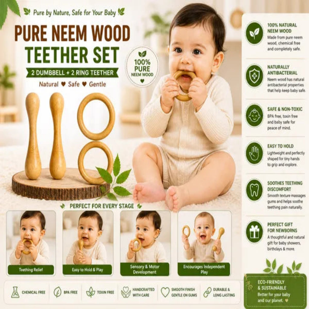 Natural Neem Wood Teether Set of 6 for Babies, Ring Rattle and Grasping Toy
