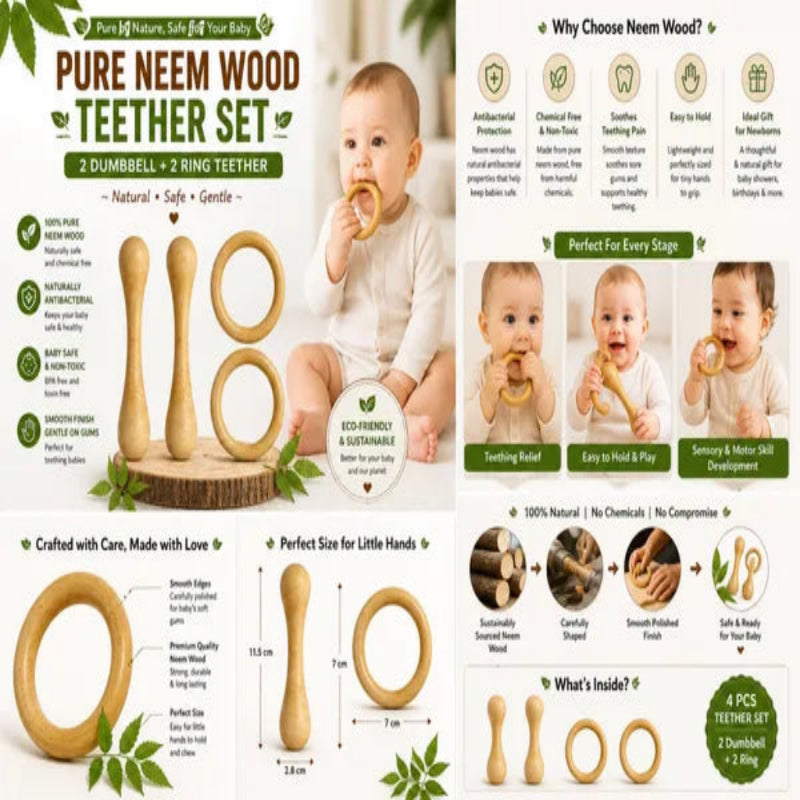 Natural Neem Wood Teether Set of 6 for Babies, Ring Rattle and Grasping Toy