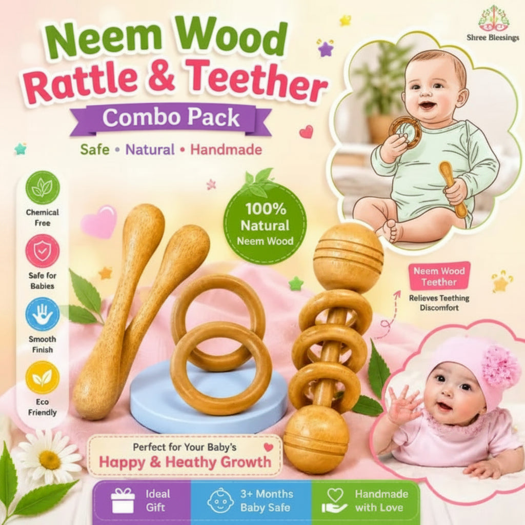 Natural Neem Wood Teether Set of 6 for Babies, Ring Rattle and Grasping Toy