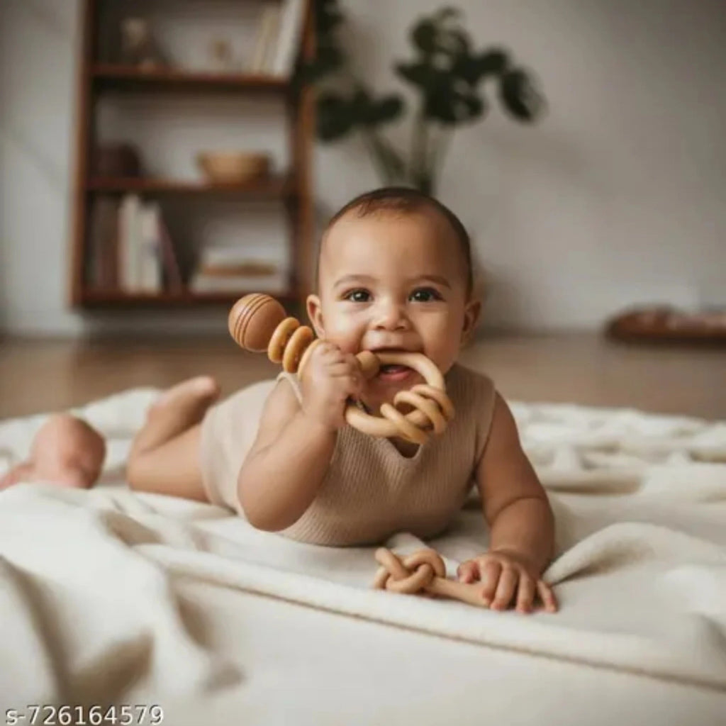 Natural Neem Wood Teether Set of 6 for Babies, Ring Rattle and Grasping Toy