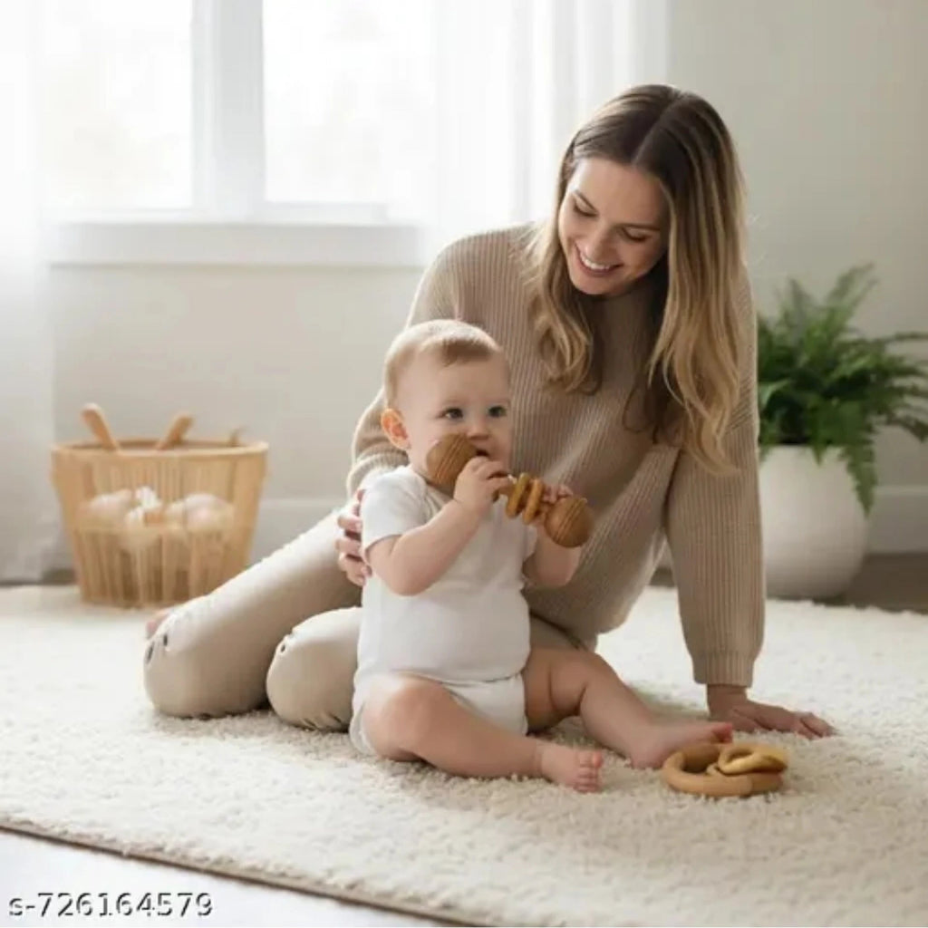 Natural Neem Wood Teether Set of 6 for Babies, Ring Rattle and Grasping Toy