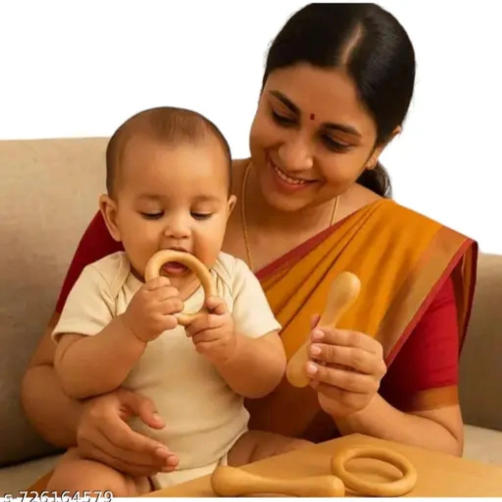 Natural Neem Wood Teether Set of 6 for Babies, Ring Rattle and Grasping Toy