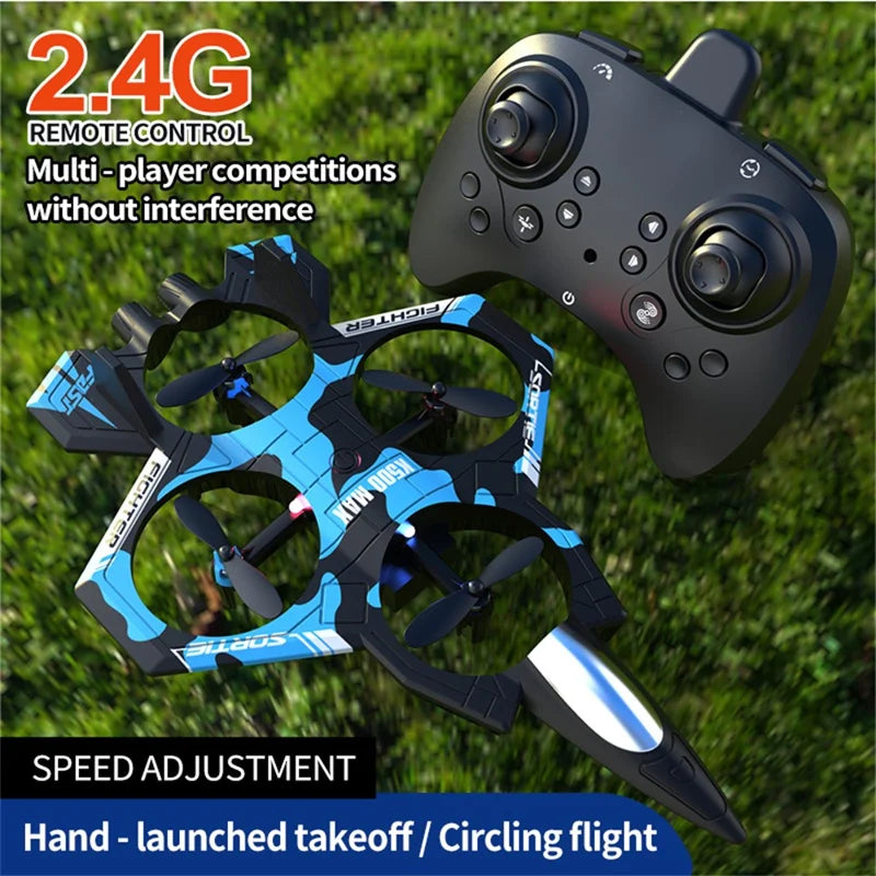 Plastic 2-in-1 RC Jet Fighter & Mini Quadcopter Drone - 2.4GHz, LED Lights, 360-degree Flip, Blue, Ages 14+ under