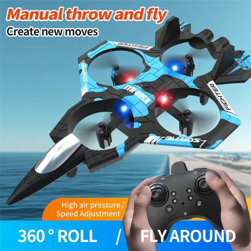 Plastic 2-in-1 RC Jet Fighter & Mini Quadcopter Drone - 2.4GHz, LED Lights, 360-degree Flip, Blue, Ages 14+ under