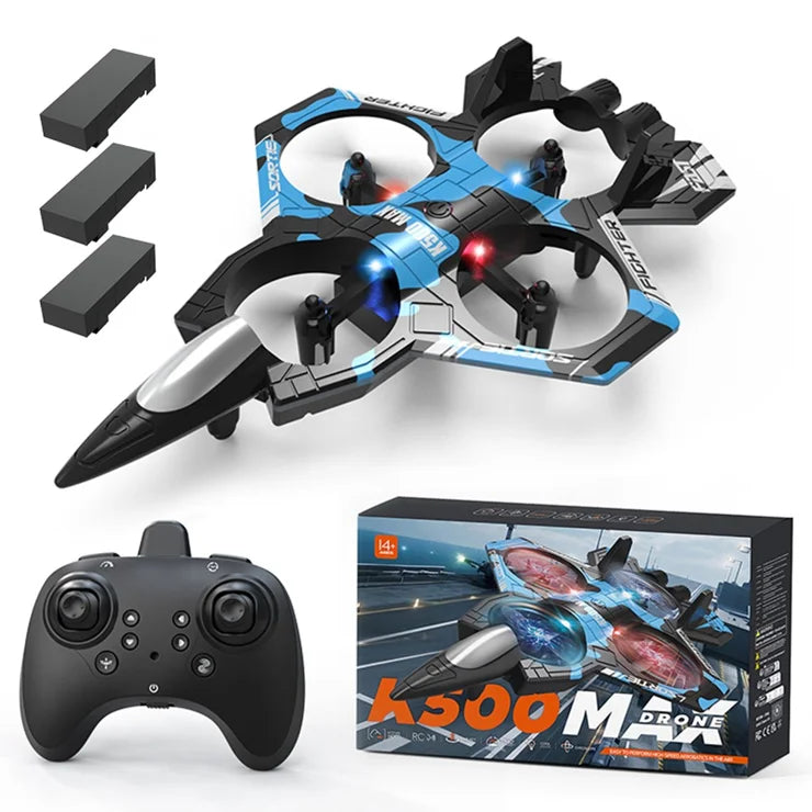 Plastic 2-in-1 RC Jet Fighter & Mini Quadcopter Drone - 2.4GHz, LED Lights, 360-degree Flip, Blue, Ages 14+ under