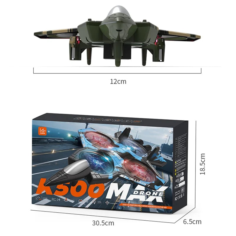 Plastic 2-in-1 RC Jet Fighter & Mini Quadcopter Drone - 2.4GHz, LED Lights, 360-degree Flip, Blue, Ages 14+ under