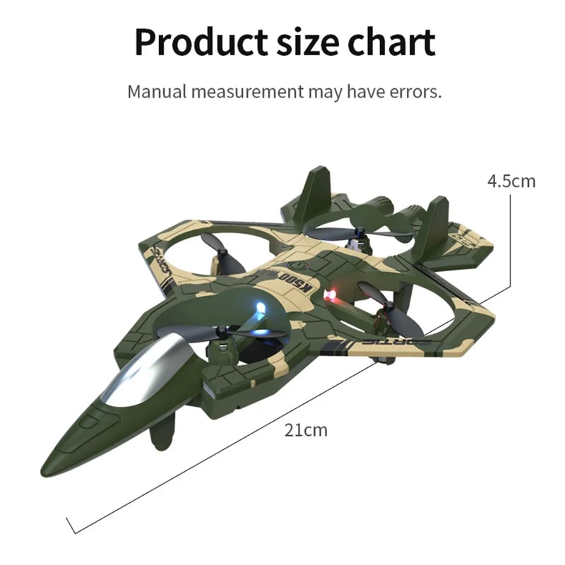 Plastic 2-in-1 RC Jet Fighter & Mini Quadcopter Drone - 2.4GHz, LED Lights, 360-degree Flip, Blue, Ages 14+ under