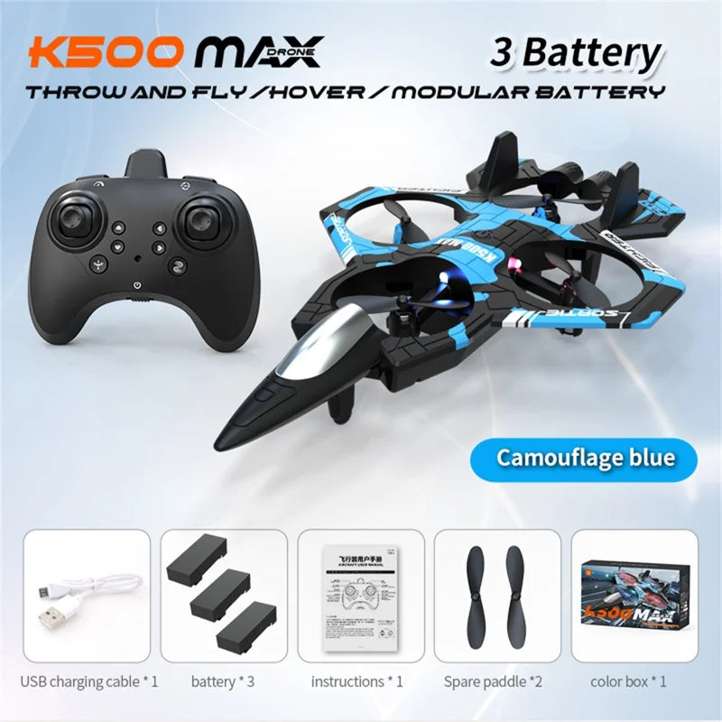 Plastic 2-in-1 RC Jet Fighter & Mini Quadcopter Drone - 2.4GHz, LED Lights, 360-degree Flip, Blue, Ages 14+ under