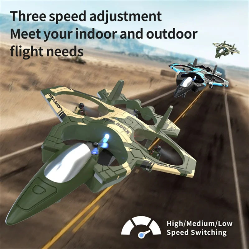 Plastic 2-in-1 RC Jet Fighter & Mini Quadcopter Drone - 2.4GHz, LED Lights, 360-degree Flip, Blue, Ages 14+ under
