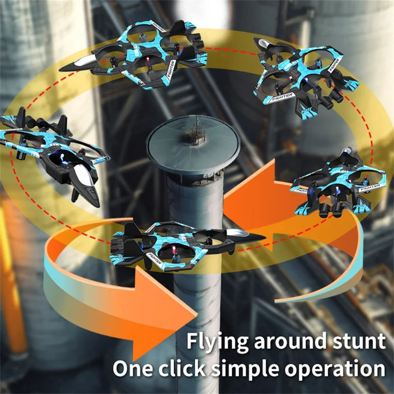 Plastic 2-in-1 RC Jet Fighter & Mini Quadcopter Drone - 2.4GHz, LED Lights, 360-degree Flip, Blue, Ages 14+ under