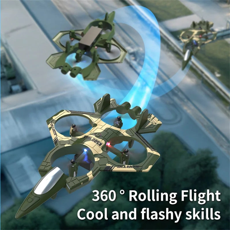 Plastic 2-in-1 RC Jet Fighter & Mini Quadcopter Drone - 2.4GHz, LED Lights, 360-degree Flip, Blue, Ages 14+ under