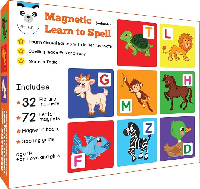 Play Panda Magnetic Learn to Spell with 32 Picture Magnets, 72 Letter Magnets, Magnetic Board and Spelling Guide