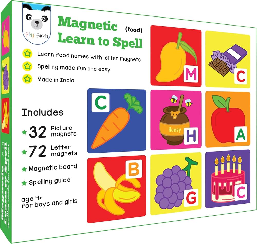 Play Panda Magnetic Learn to Spell with 32 Picture Magnets, 72 Letter Magnets, Magnetic Board and Spelling Guide