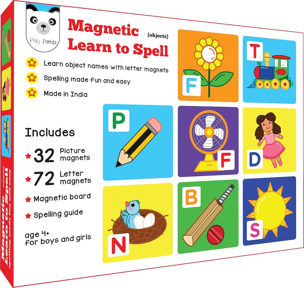 Play Panda Magnetic Learn to Spell with 32 Picture Magnets, 72 Letter Magnets, Magnetic Board and Spelling Guide