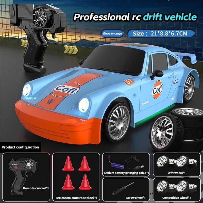 RC Drift Car 4WD High-Speed Remote Control Car with LED Lights 2.4GHz Rechargeable with Extra Tires & Cones