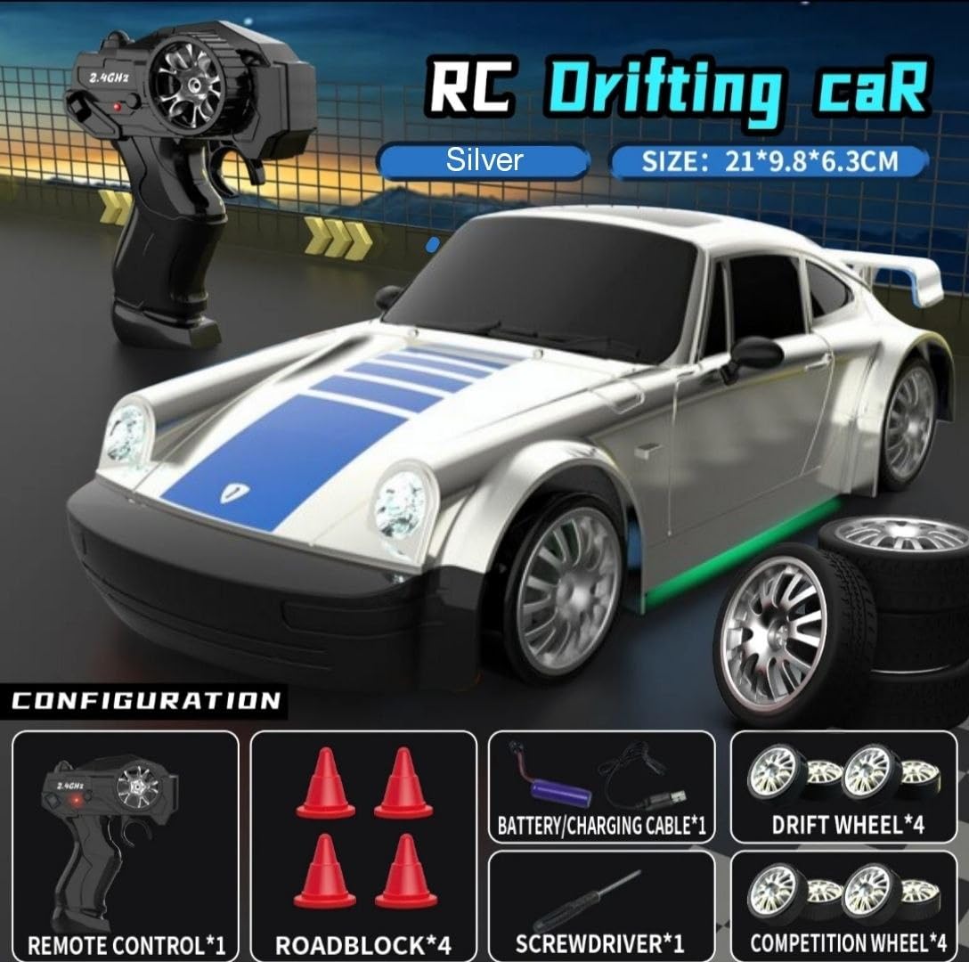 RC Drift Car 4WD High-Speed Remote Control Car with LED Lights 2.4GHz Rechargeable with Extra Tires & Cones