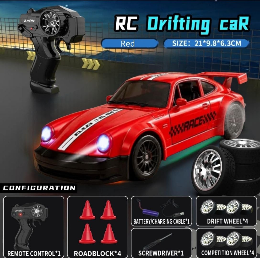 RC Drift Car 4WD High-Speed Remote Control Car with LED Lights 2.4GHz Rechargeable with Extra Tires & Cones