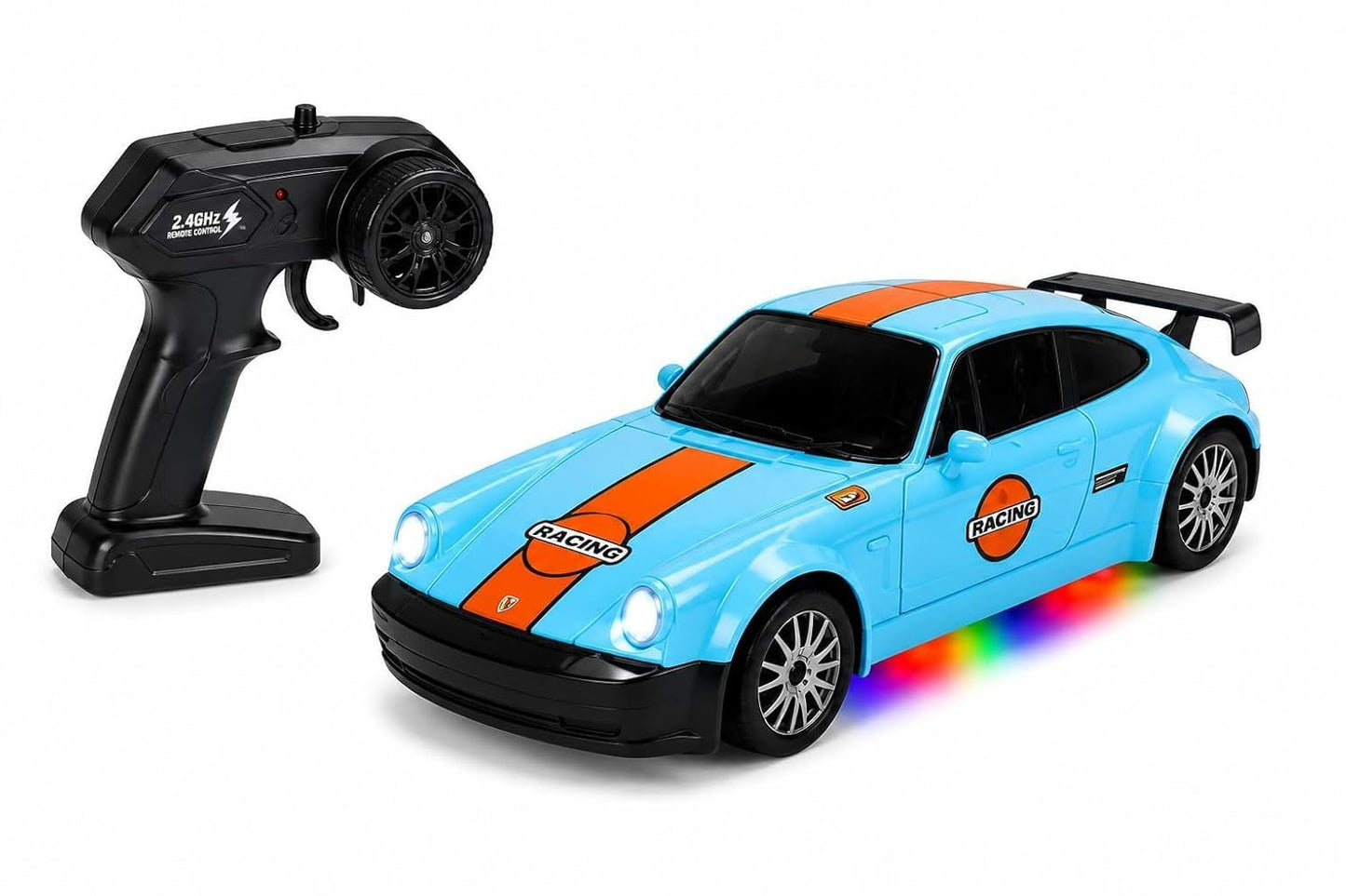 RC Drift Car 4WD High-Speed Remote Control Car with LED Lights 2.4GHz Rechargeable with Extra Tires & Cones