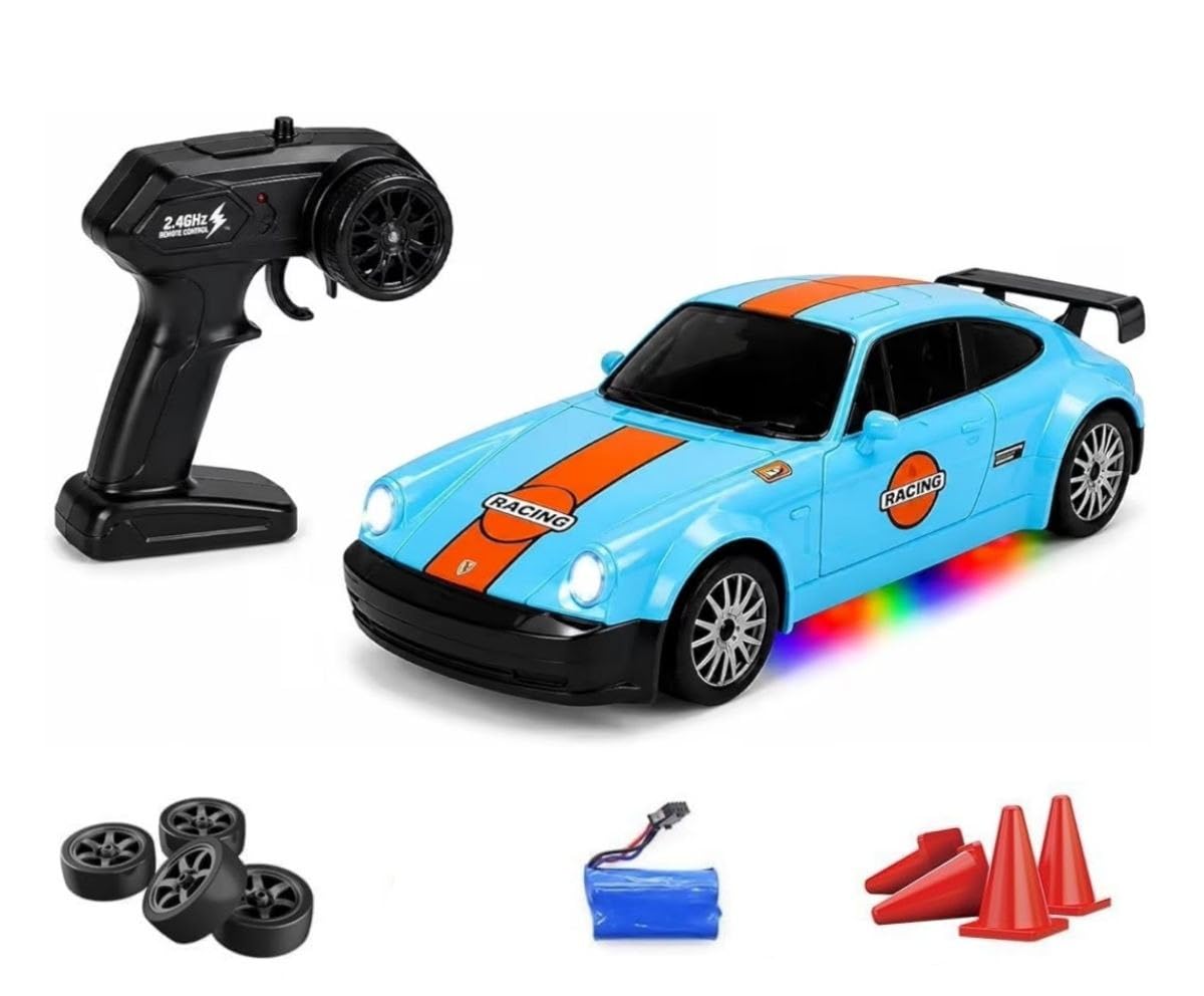 RC Drift Car 4WD High-Speed Remote Control Car with LED Lights 2.4GHz Rechargeable with Extra Tires & Cones