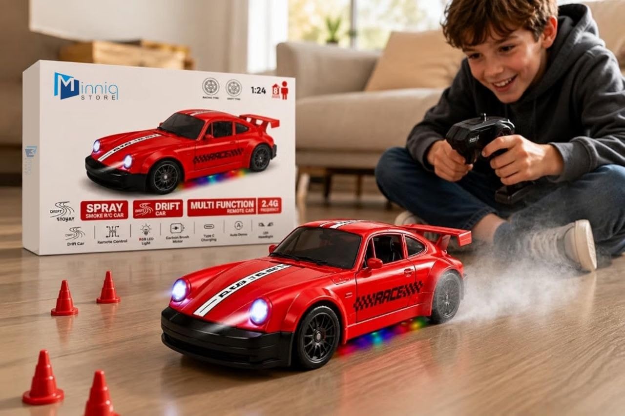 RC Drift Car 4WD High-Speed Remote Control Car with LED Lights 2.4GHz Rechargeable with Extra Tires & Cones