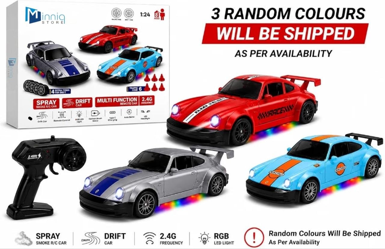 RC Drift Car 4WD High-Speed Remote Control Car with LED Lights 2.4GHz Rechargeable with Extra Tires & Cones