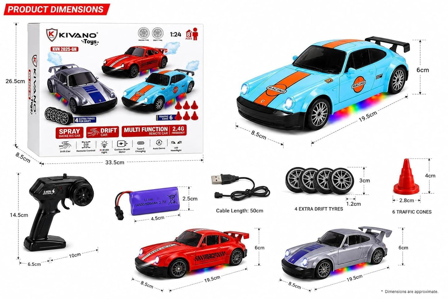 RC Drift Car 4WD High-Speed Remote Control Car with LED Lights 2.4GHz Rechargeable with Extra Tires & Cones