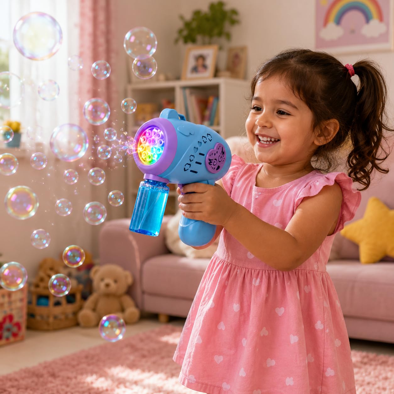 Rechargeable Bubble Gun for Kids with Type-C USB Charging, LED Lights & Music Electric Bubble Blower with Bubble Solution Bottle