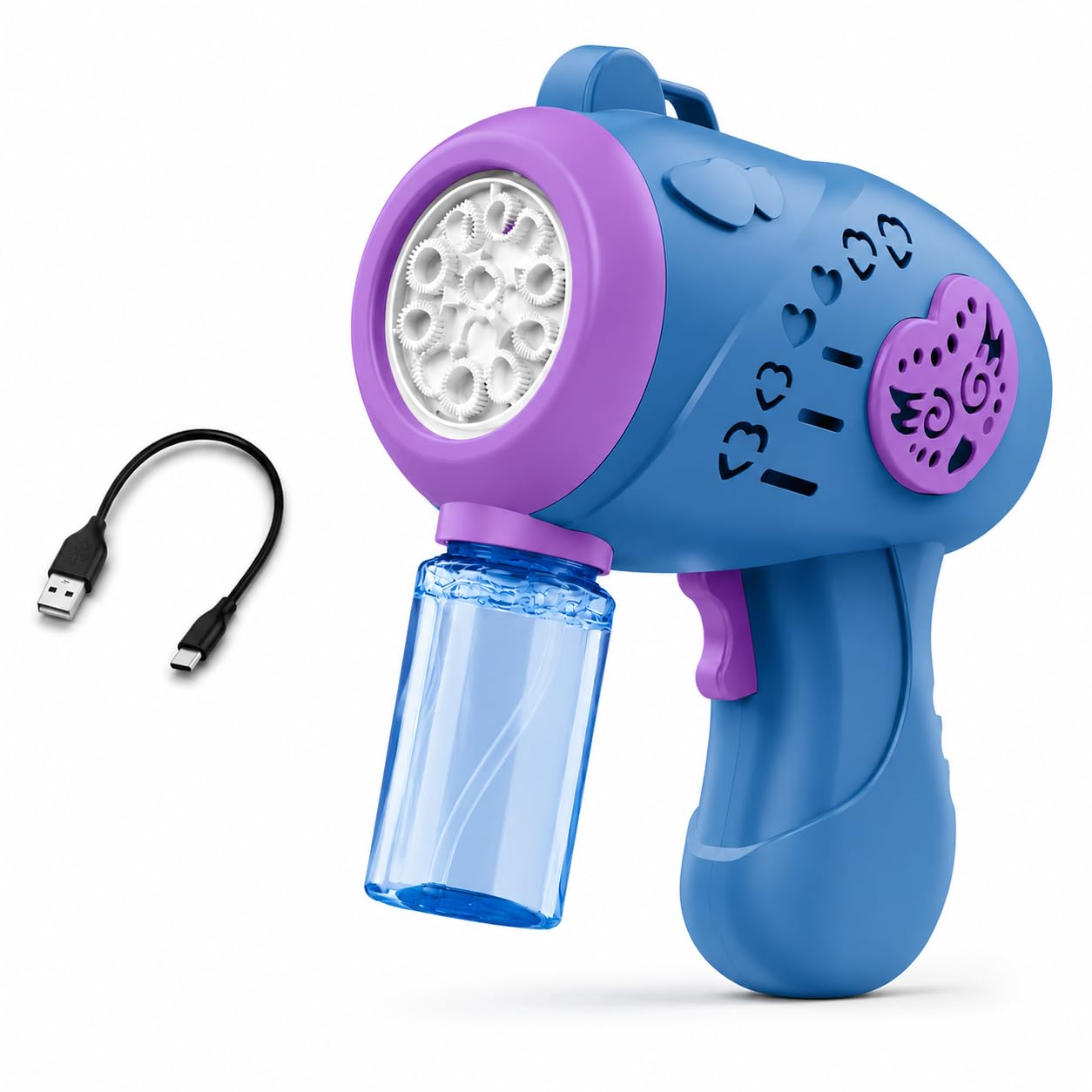 Rechargeable Bubble Gun for Kids with Type-C USB Charging, LED Lights & Music Electric Bubble Blower with Bubble Solution Bottle