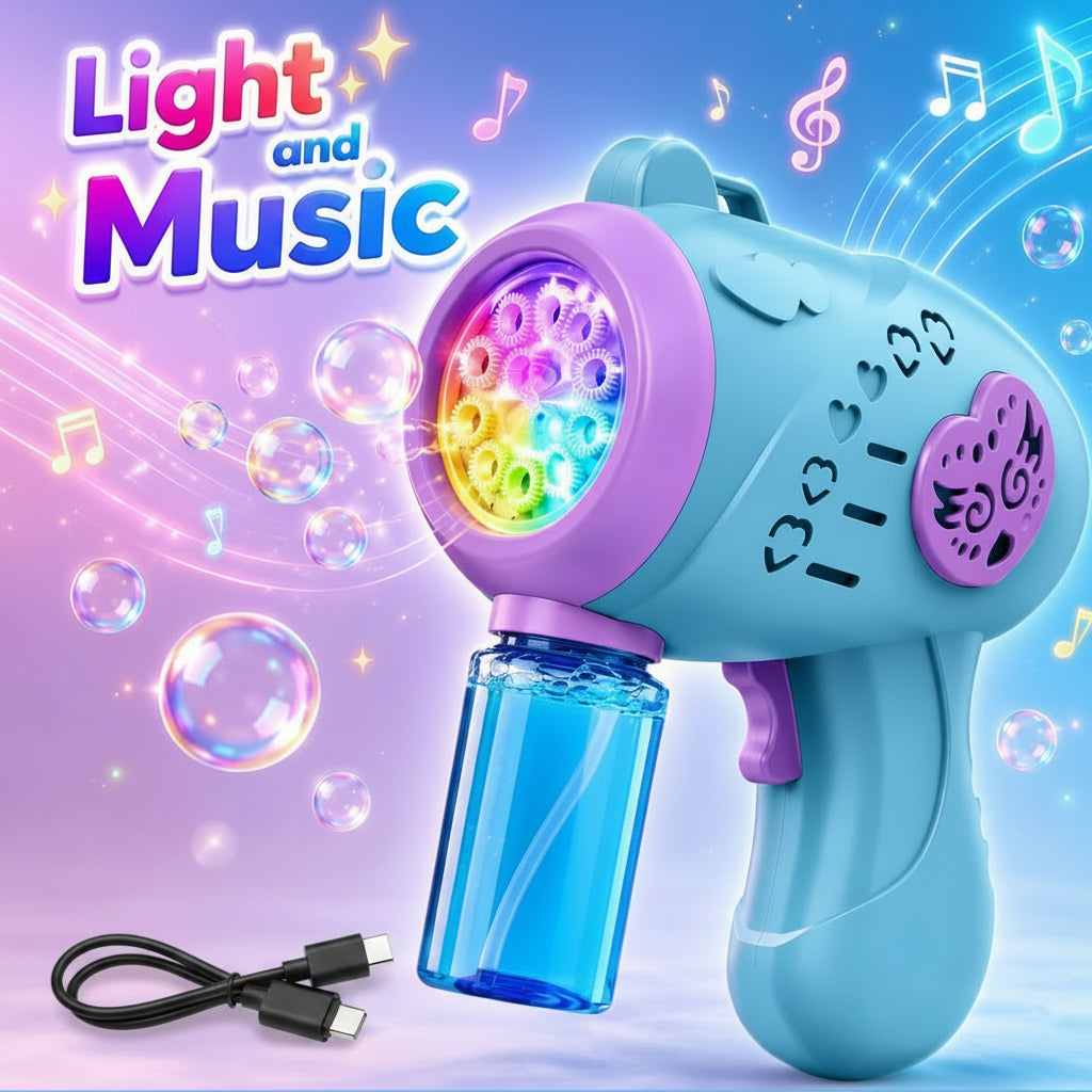 Rechargeable Bubble Gun for Kids with Type-C USB Charging, LED Lights & Music Electric Bubble Blower with Bubble Solution Bottle