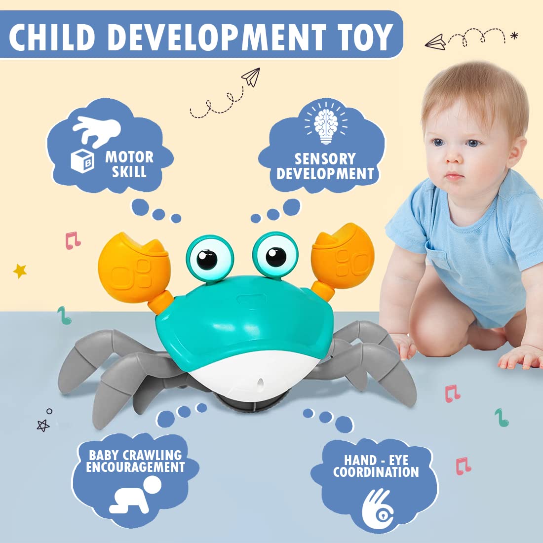 Rechargeable Crawling Crab Baby Toy with Light & Sound Sensory Interactive Moving-Random color