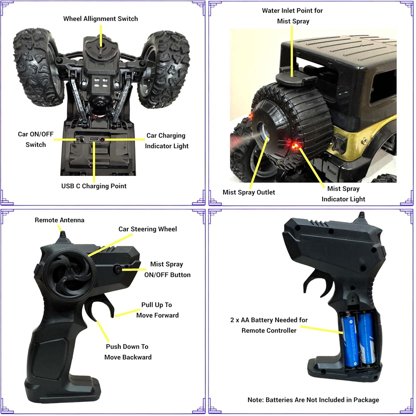 Remote Control Thar Rock Climbing Car for Rechargeable Off-Road Jeep Toy with Mist Spray-Any 1