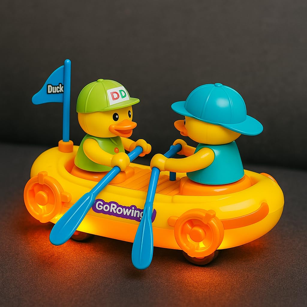 Rowing Boat with Cute Ducks Toy for Kids Moving 360 Degree Rotating Light and Sound Toy with Bump and Go Action