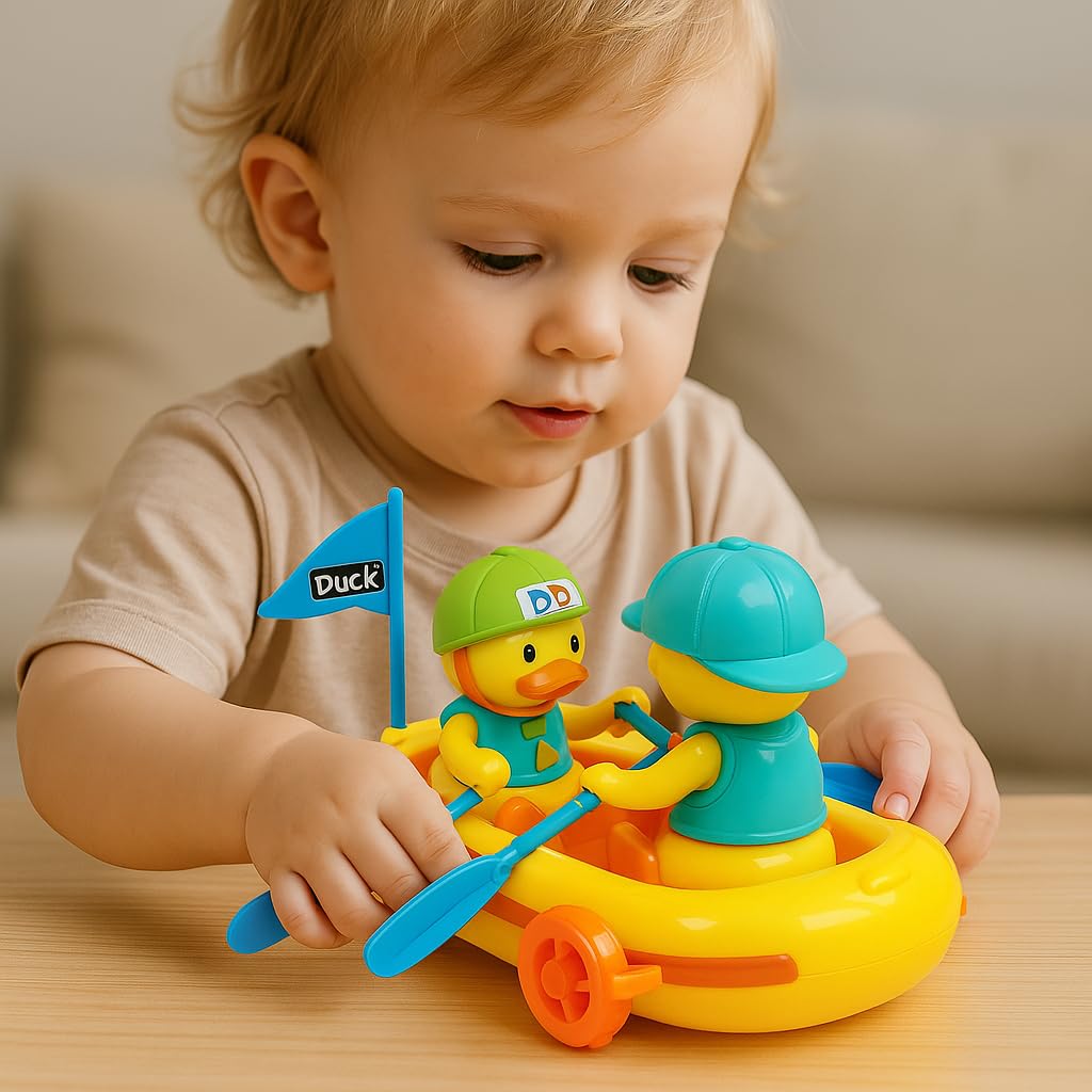 Rowing Boat with Cute Ducks Toy for Kids Moving 360 Degree Rotating Light and Sound Toy with Bump and Go Action