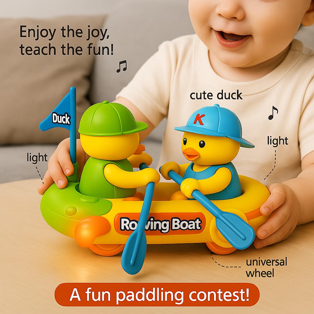 Rowing Boat with Cute Ducks Toy for Kids Moving 360 Degree Rotating Light and Sound Toy with Bump and Go Action
