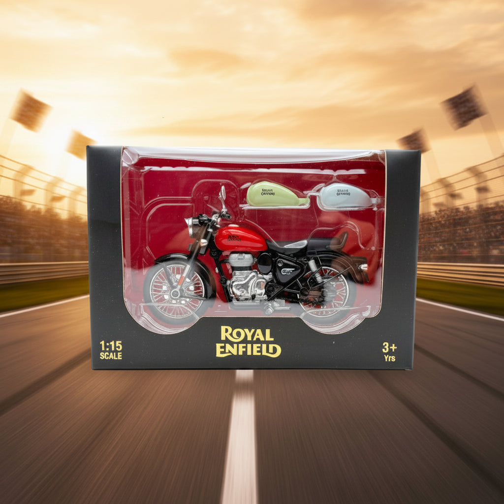 Royal Enfield 1:15 Scale Diecast Motorcycle Model Toy, Pull Back Action, Bullet Bike Detacheble Parts with 3 Colored Fuel Tank