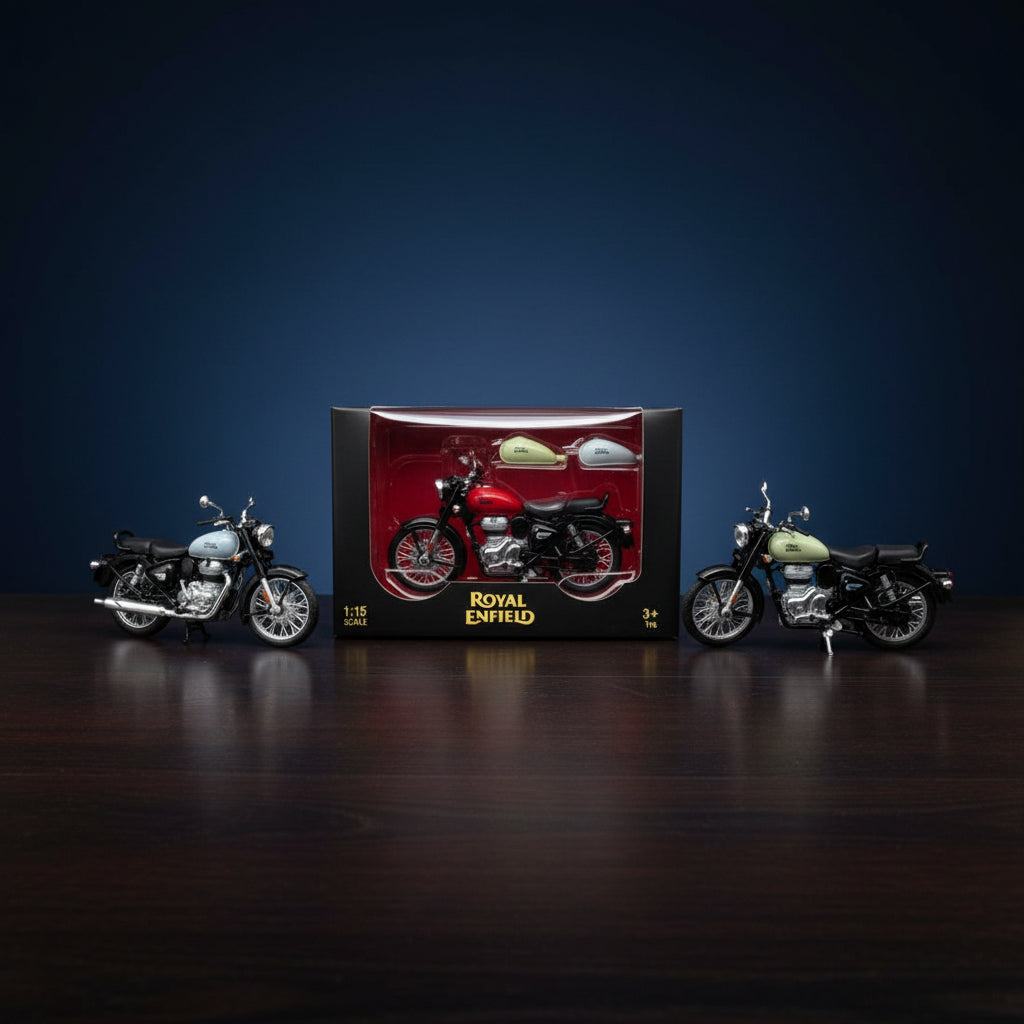 Royal Enfield 1:15 Scale Diecast Motorcycle Model Toy, Pull Back Action, Bullet Bike Detacheble Parts with 3 Colored Fuel Tank