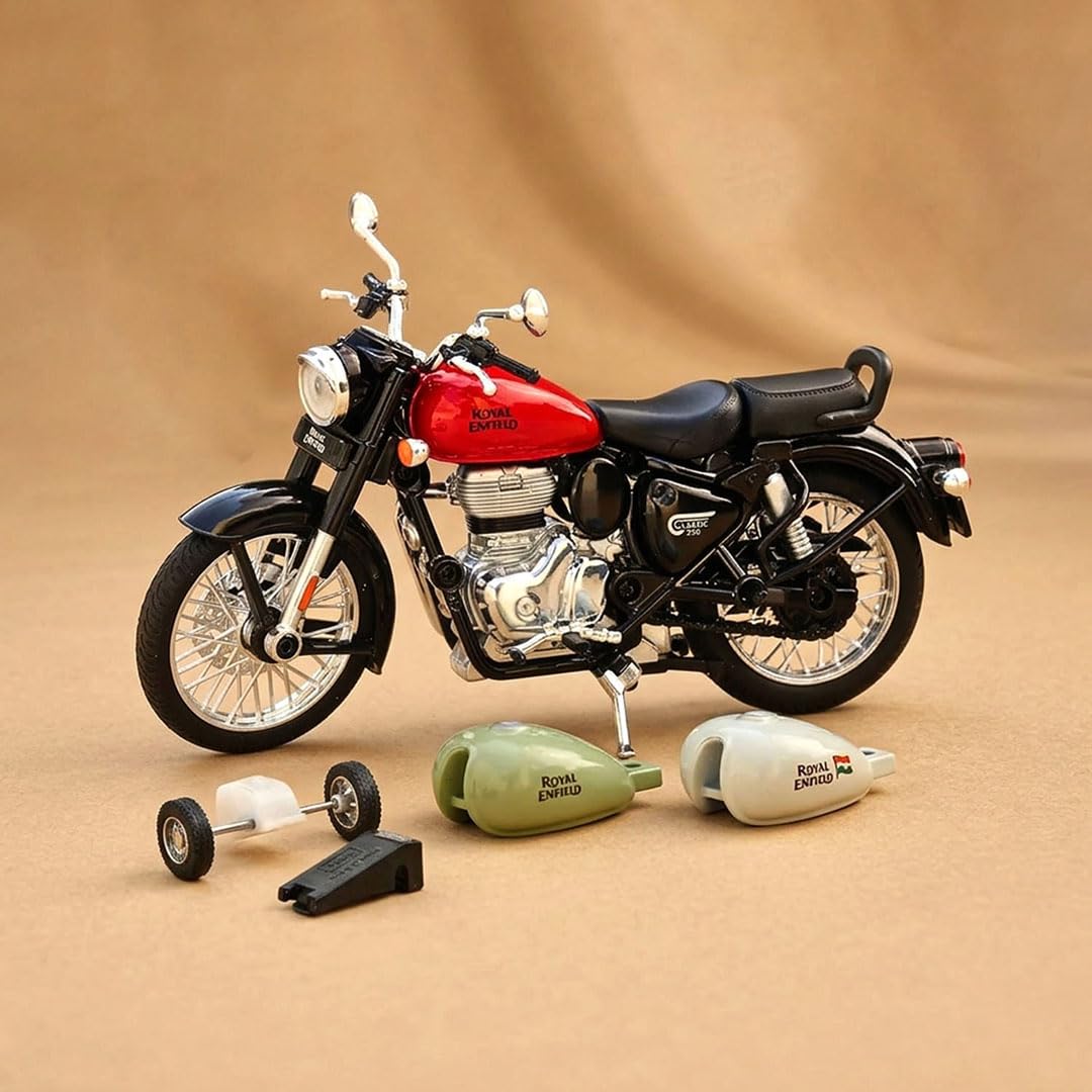 Royal Enfield 1:15 Scale Diecast Motorcycle Model Toy, Pull Back Action, Bullet Bike Detacheble Parts with 3 Colored Fuel Tank