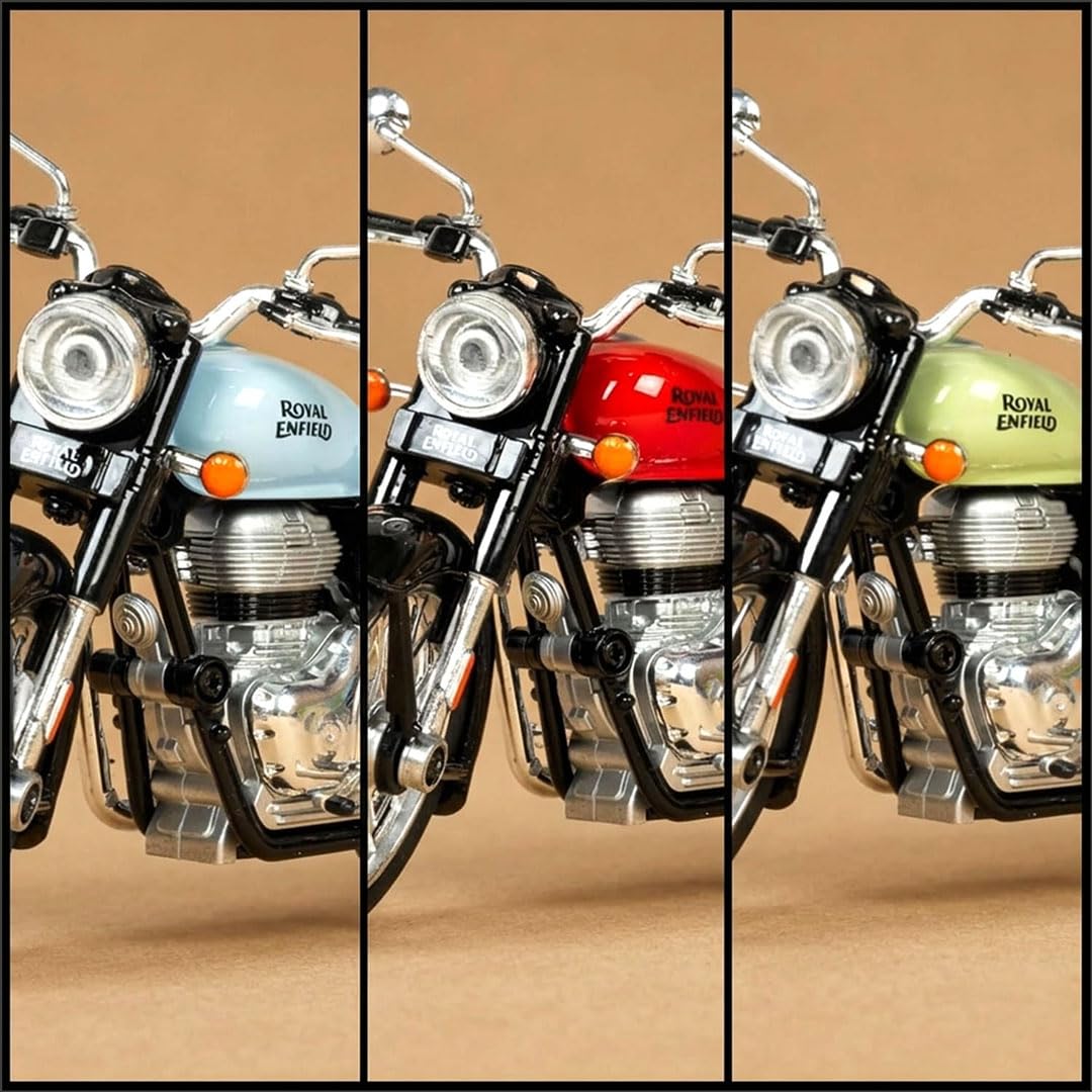 Royal Enfield 1:15 Scale Diecast Motorcycle Model Toy, Pull Back Action, Bullet Bike Detacheble Parts with 3 Colored Fuel Tank