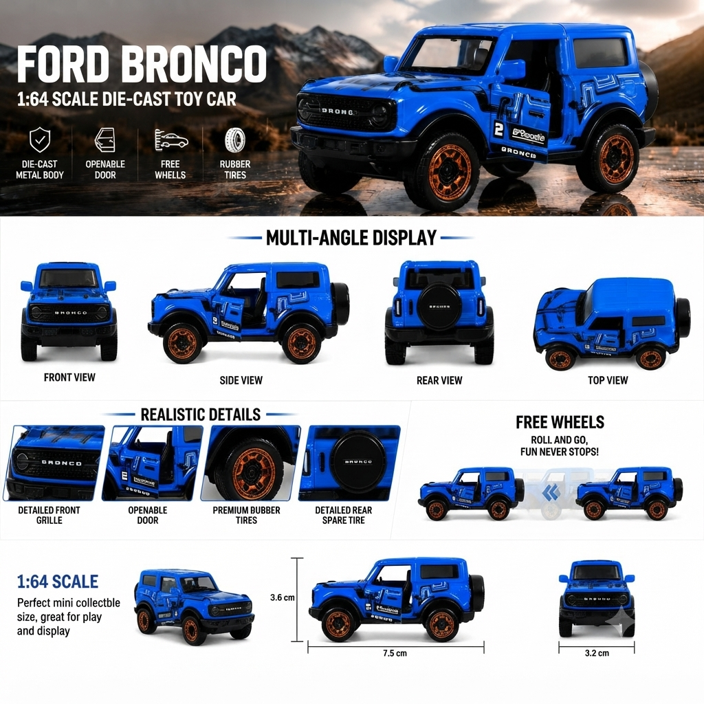 Ford Bronco Wildtrak Racing Edition Die-Cast Metal Toy Car 1:64 Scale with Opening Doors