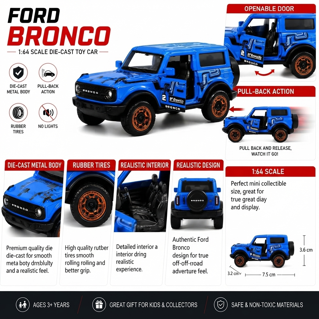 Ford Bronco Wildtrak Racing Edition Die-Cast Metal Toy Car 1:64 Scale with Opening Doors