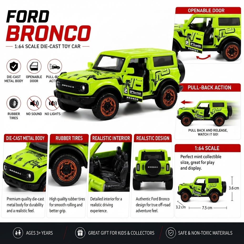 Ford Bronco Wildtrak Racing Edition Die-Cast Metal Toy Car 1:64 Scale with Opening Doors