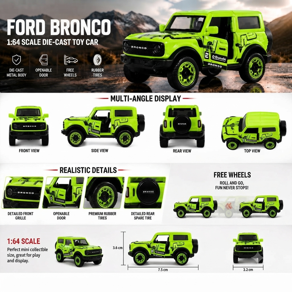 Ford Bronco Wildtrak Racing Edition Die-Cast Metal Toy Car 1:64 Scale with Opening Doors